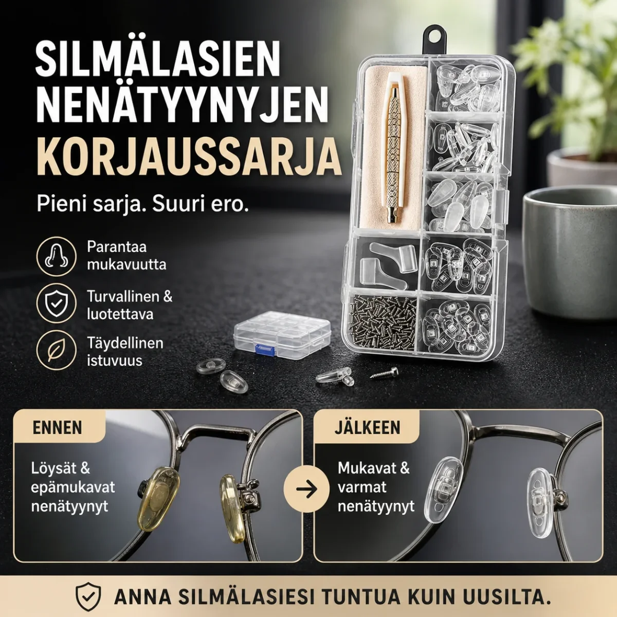 👓-50% NYT! 🛠️Silmälasien nenätyynyjen korjaussarja – Pehmeät liukumattomat tyynyt, täydelliset korjaustyökalut, yleiskäyttöinen silmälasien huoltosarja - Image 4