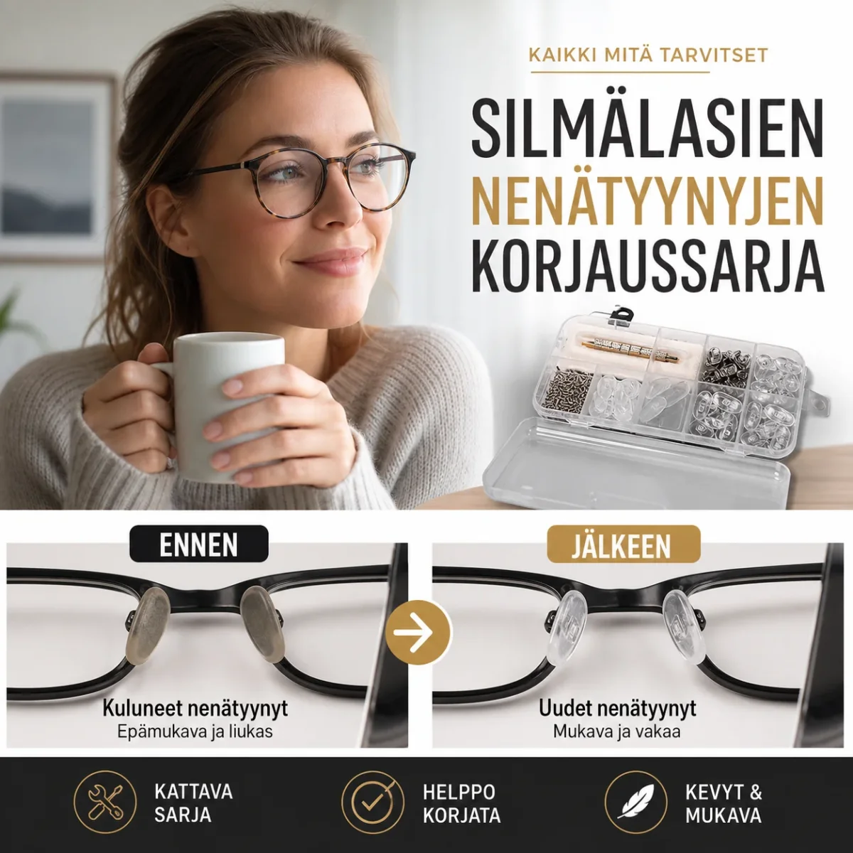 👓-50% NYT! 🛠️Silmälasien nenätyynyjen korjaussarja – Pehmeät liukumattomat tyynyt, täydelliset korjaustyökalut, yleiskäyttöinen silmälasien huoltosarja - Image 7