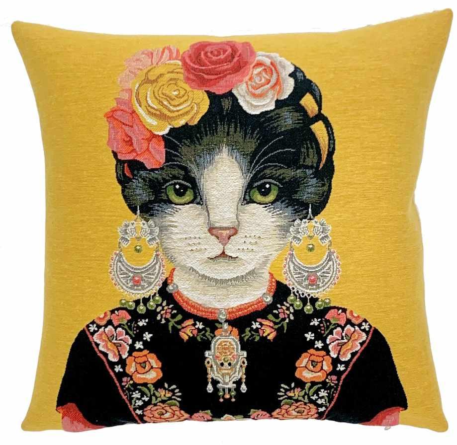 Gobeliini tyynynpäällinen Kissa - Kahlo Cat keltainen 45 x 45 cm - Image 2